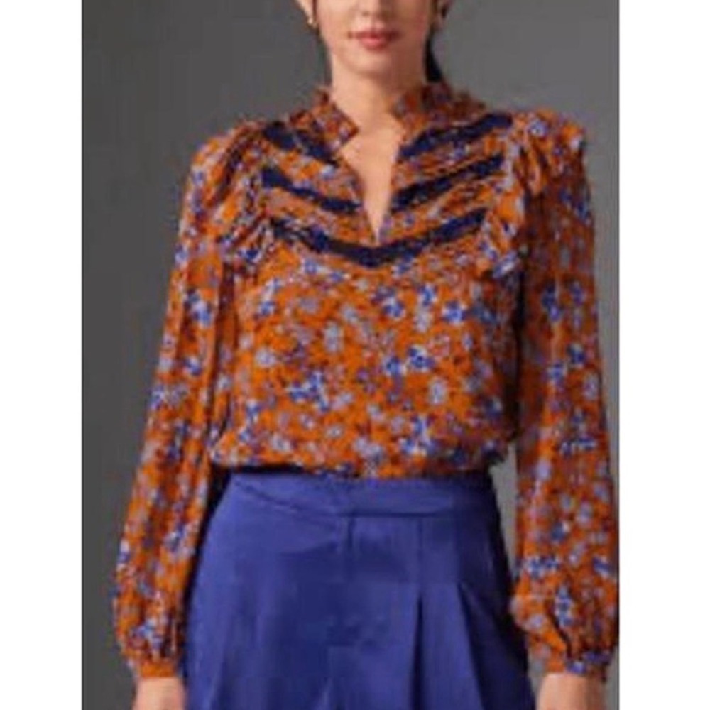 Gilner Farrar Anya Blouse Womens XS Tuscany Orange Floral Lace Ruffle GF288VGT